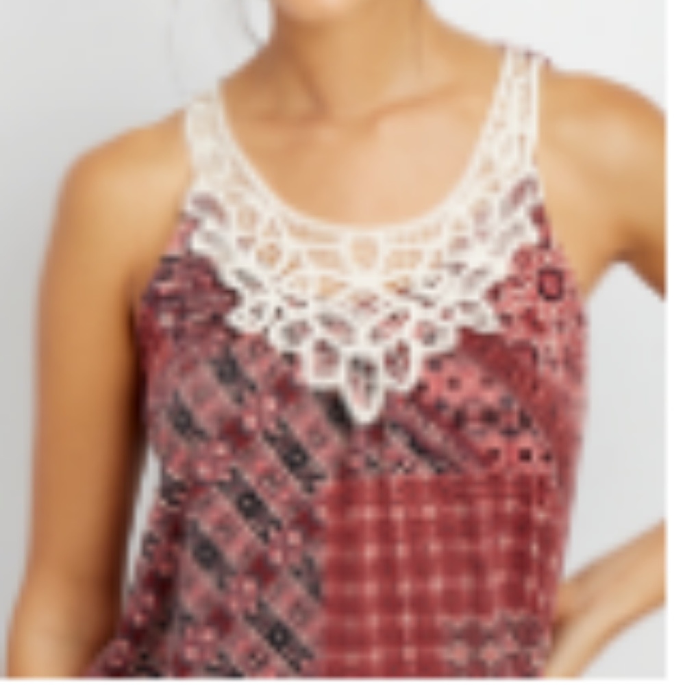 Multi print tank top with crocheted yoke